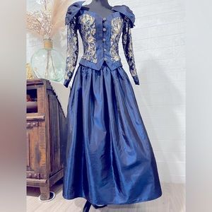 RARE Jessica McClintock Vintage Blue and Gold Blouse Full Length Skirt Set